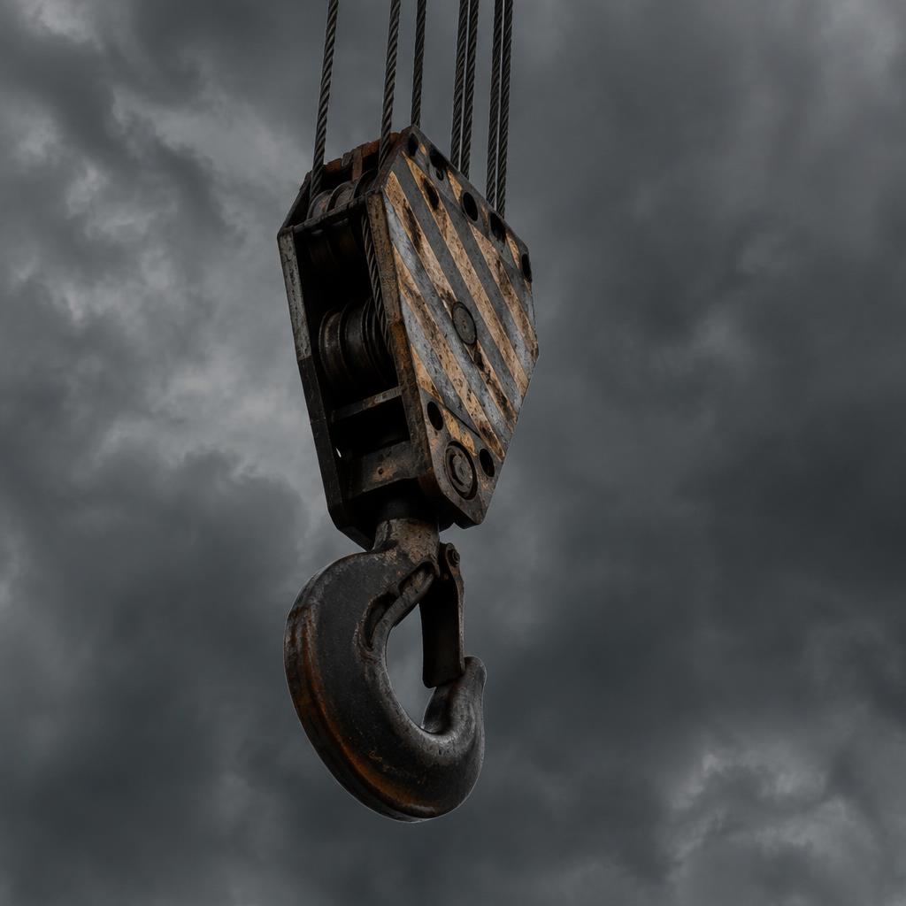 Close-up of a crane hook block and rigging cables
